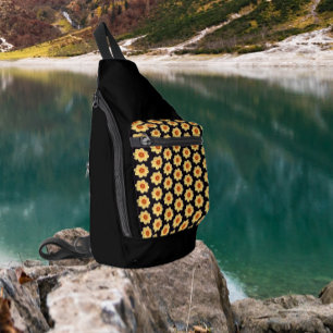 Yellow Dahlia Floral Pattern on Black Sling Bag