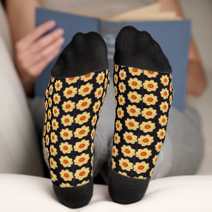 Yellow Dahlia Floral Pattern on Black Socks