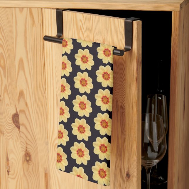 Yellow Dahlia Floral Pattern on Black Tea Towel (Thirds Fold)