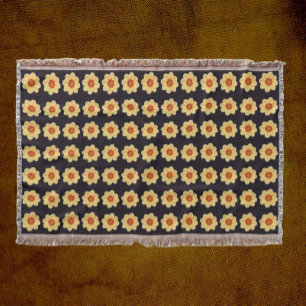 Yellow Dahlia Floral Pattern on Black Throw Blanket