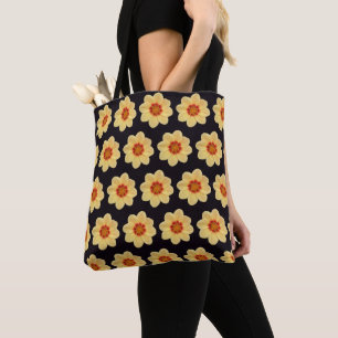 Yellow Dahlia Floral Pattern on Black Tote Bag