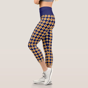 Yellow Dahlia Floral Pattern on Blue Capri Leggings