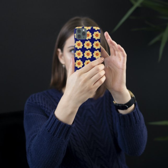 Yellow Dahlia Floral Pattern on Blue Case-Mate iPhone Case (In Situ)
