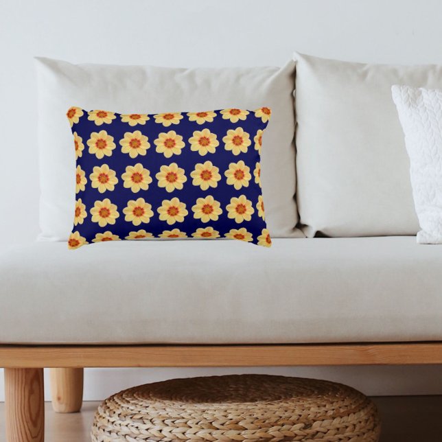 Yellow Dahlia Floral Pattern on Blue Decorative Cushion (In Situ)