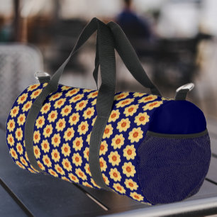 Yellow Dahlia Floral Pattern on Blue Duffle Bag