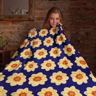 Yellow Dahlia Floral Pattern on Blue Fleece Blanket
