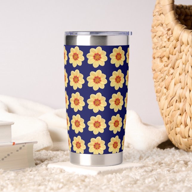 Yellow Dahlia Floral Pattern on Blue Insulated Tumbler (Living Room)