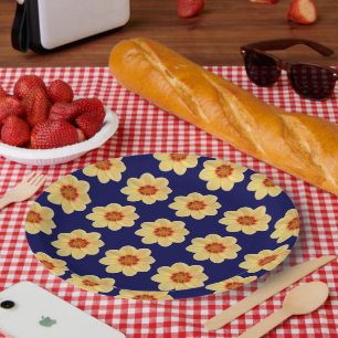 Yellow Dahlia Floral Pattern on Blue Paper Plate