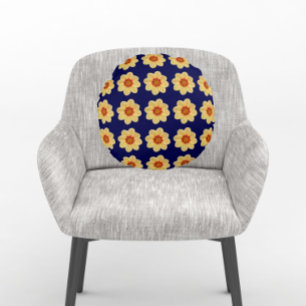 Yellow Dahlia Floral Pattern on Blue Round Cushion