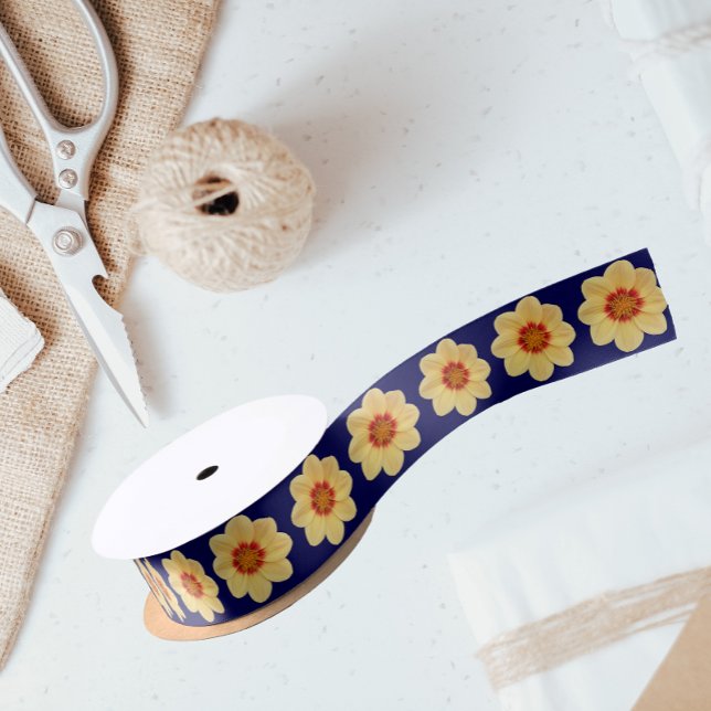 Yellow Dahlia Floral Pattern on Blue Satin Ribbon (In Situ)