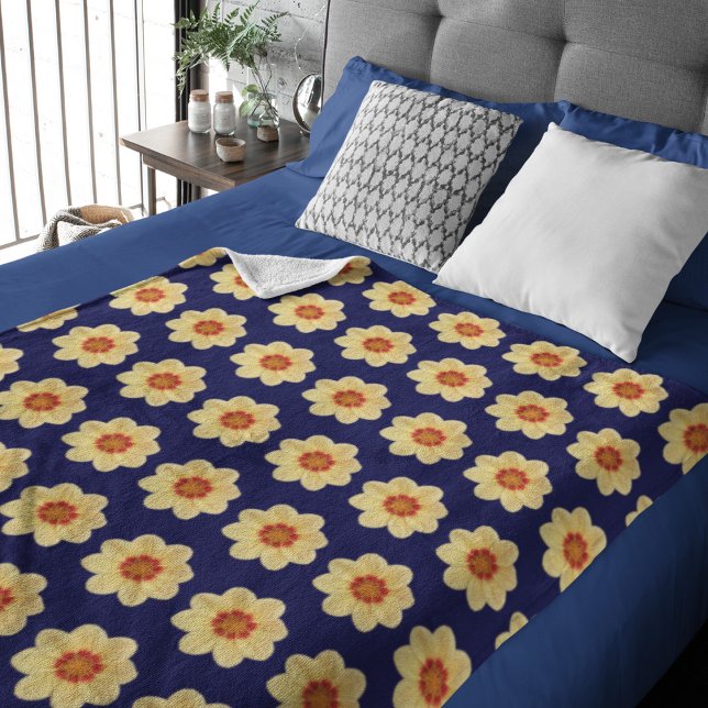 Yellow Dahlia Floral Pattern on Blue Sherpa Blanket (In Situ Bed)