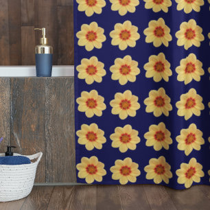 Yellow Dahlia Floral Pattern on Blue Shower Curtain