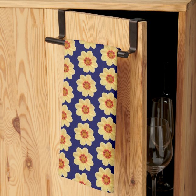 Yellow Dahlia Floral Pattern on Blue Tea Towel (Thirds Fold)