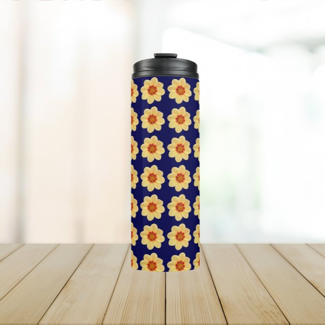 Yellow Dahlia Floral Pattern on Blue Thermal Tumbler (In Situ)