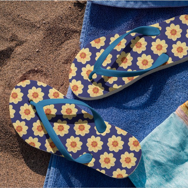 Yellow Dahlia Floral Pattern on Blue Thongs (In Situ)
