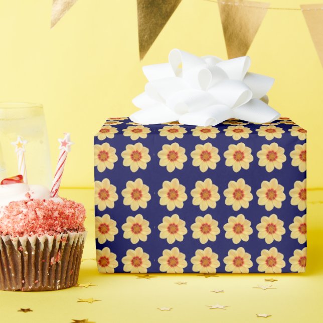 Yellow Dahlia Floral Pattern on Blue Wrapping Paper (Birthday Party)