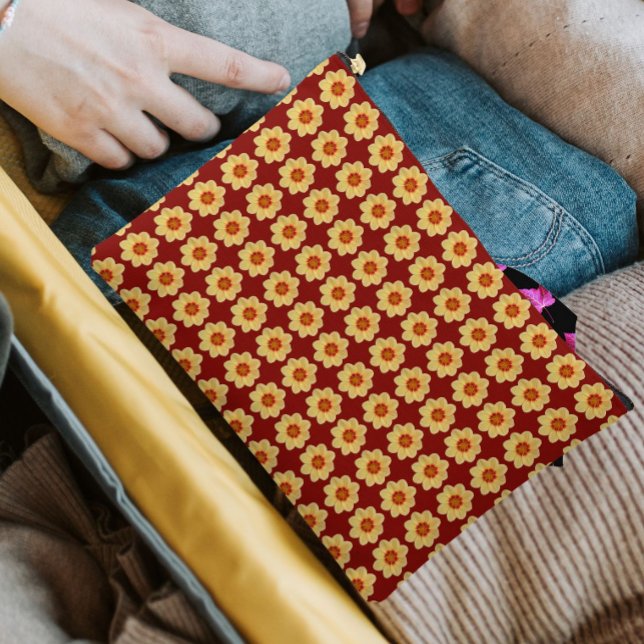 Yellow Dahlia Floral Pattern on Brick Red Accessory Pouch (In Situ)
