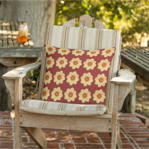 Yellow Dahlia Floral Pattern on Brick Red Cushion