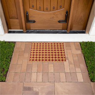 Yellow Dahlia Floral Pattern on Brick Red Doormat