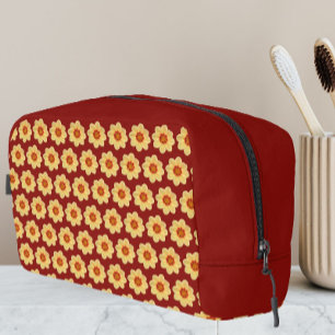 Yellow Dahlia Floral Pattern on Brick Red Dopp Kit