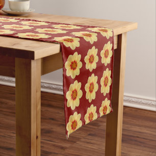 Yellow Dahlia Floral Pattern on Brick Red Short Table Runner