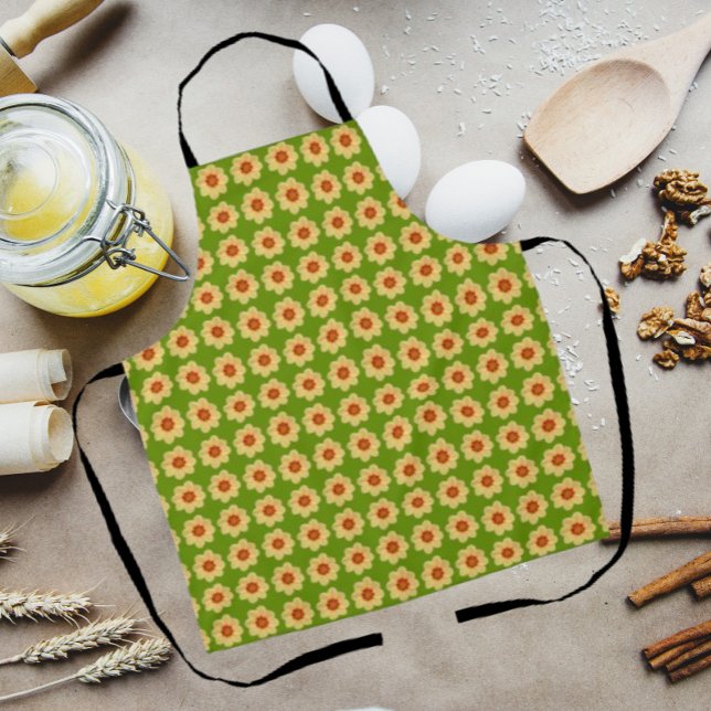Yellow Dahlia Floral Pattern on Green Apron (In Situ Kitchen)
