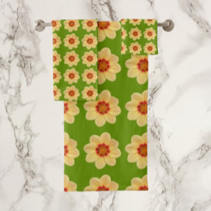 Yellow Dahlia Floral Pattern on Green Bath Towel Set