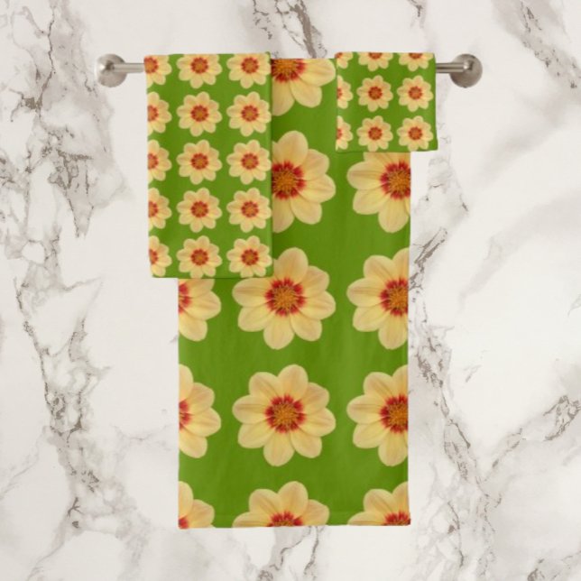 Yellow Dahlia Floral Pattern on Green Bath Towel Set (In Situ)