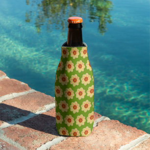Yellow Dahlia Floral Pattern on Green Bottle Cooler