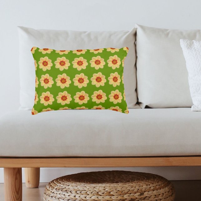 Yellow Dahlia Floral Pattern on Green Decorative Cushion (In Situ)