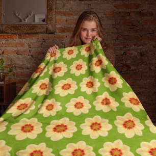 Yellow Dahlia Floral Pattern on Green Fleece Blanket