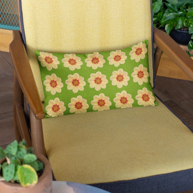 Yellow Dahlia Floral Pattern on Green Lumbar Cushion (In Situ Chair)