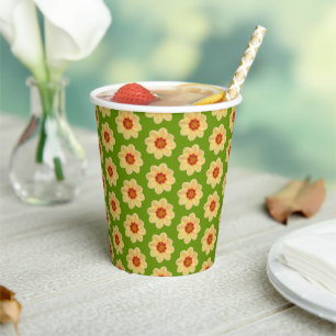 Yellow Dahlia Floral Pattern on Green Paper Cups