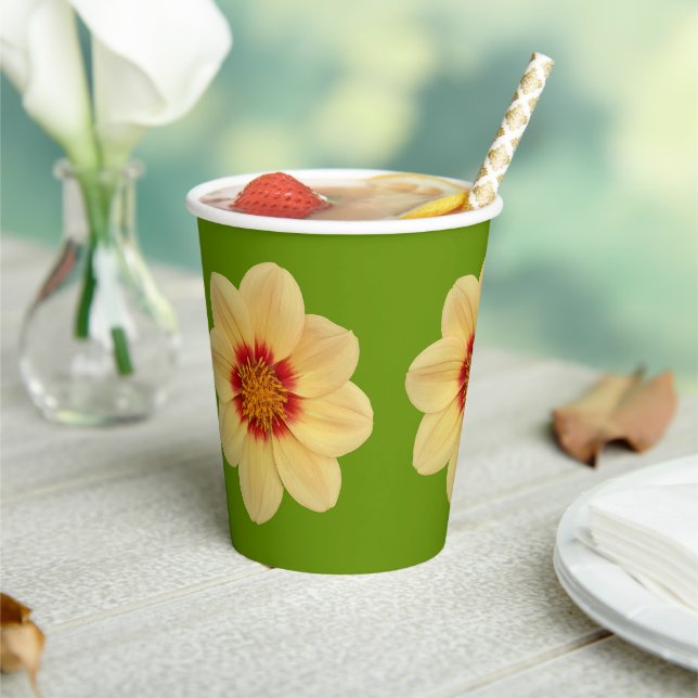 Yellow Dahlia Floral Pattern on Green Paper Cups (Insitu)