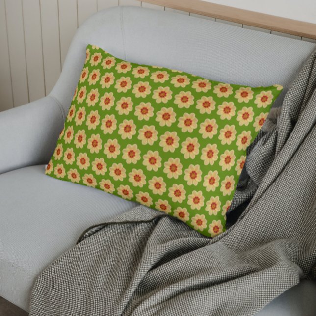 Yellow Dahlia Floral Pattern on Green Pillowcase (In Situ)