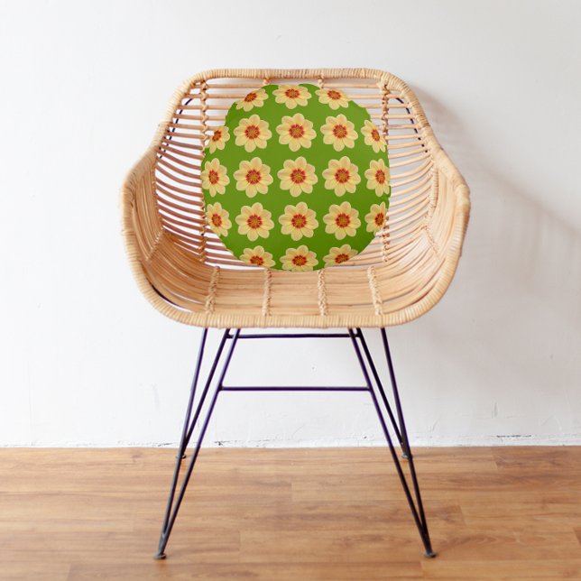 Yellow Dahlia Floral Pattern on Green Round Cushion (In Situ)