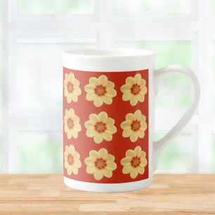 Yellow Dahlia Floral Pattern on Red Bone China Mug