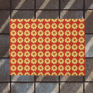 Yellow Dahlia Floral Pattern on Red Doormat