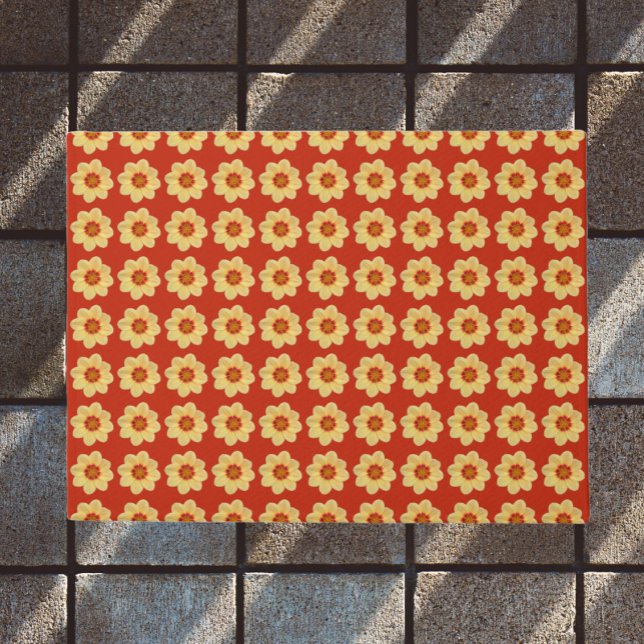 Yellow Dahlia Floral Pattern on Red Doormat (In Situ )