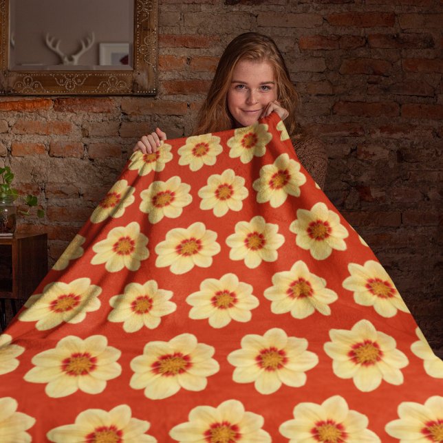 Yellow Dahlia Floral Pattern on Red Fleece Blanket (In Situ Front)