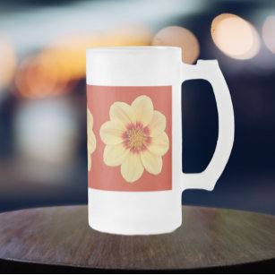 Yellow Dahlia Floral Pattern on Red Frosted Glass Beer Mug