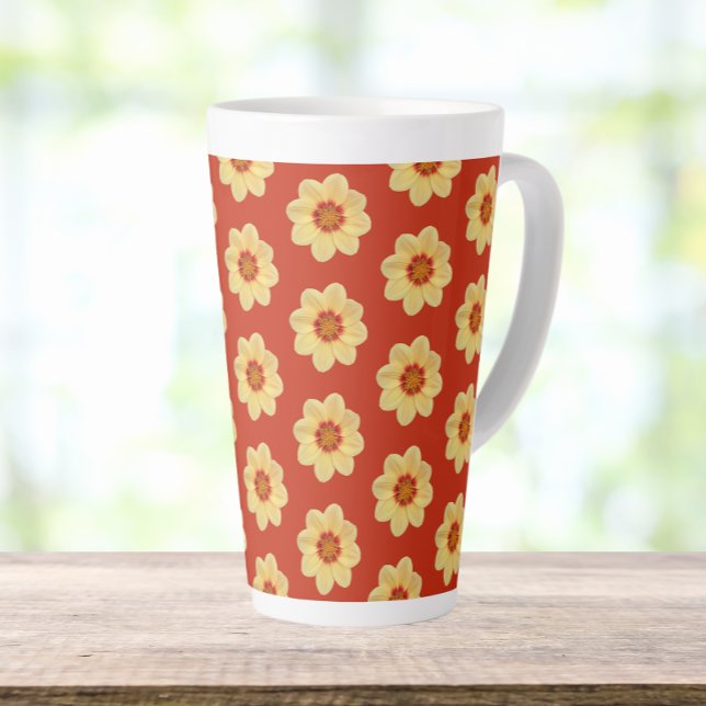 Yellow Dahlia Floral Pattern on Red Latte Mug (In Situ)