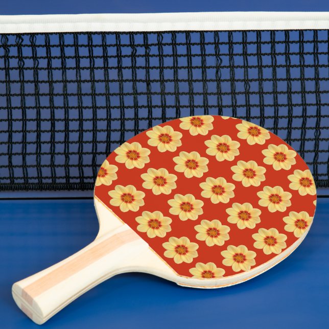 Yellow Dahlia Floral Pattern on Red Ping Pong Paddle (Insitu)