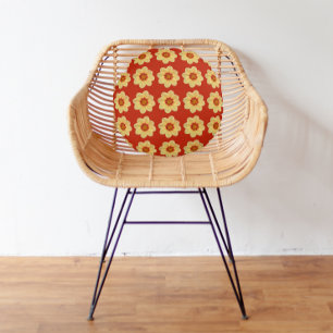 Yellow Dahlia Floral Pattern on Red Round Cushion