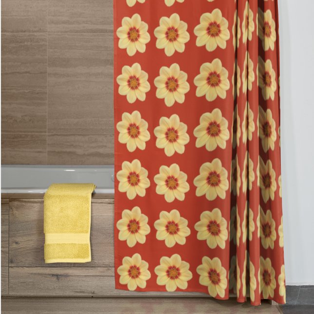 Yellow Dahlia Floral Pattern on Red Shower Curtain (In Situ Bathroom)