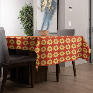 Yellow Dahlia Floral Pattern on Red Tablecloth