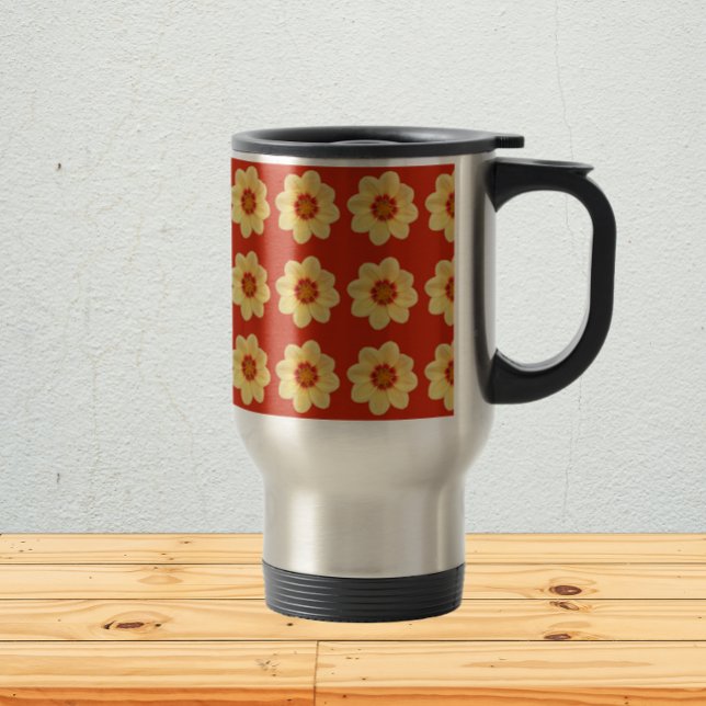 Yellow Dahlia Floral Pattern on Red Travel Mug (In Situ)