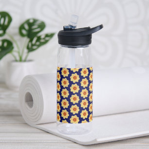 Yellow Dahlia Flower Pattern on Blue Water Bottle