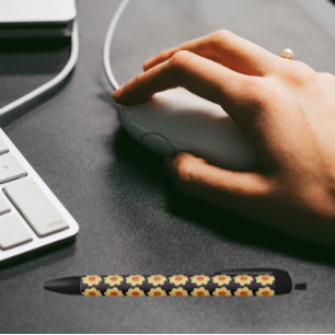 Yellow Dahlia on Black Floral Pattern Ink Pen