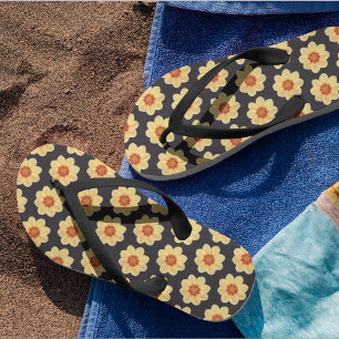 Yellow Dahlia on Black Floral Pattern Thongs